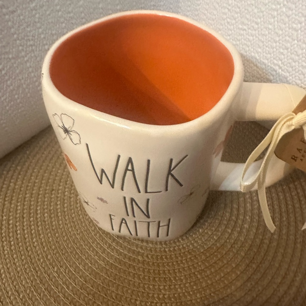 Rae Dunn Cream Mug with Orange Interior and Floral Design - Picture 4 of 6